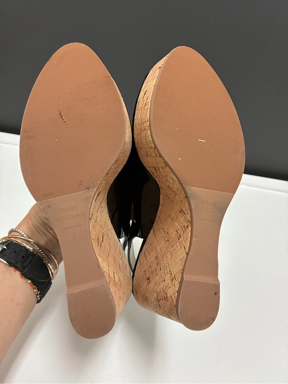 Stuart Weitzman Black Patent Cork Wedge Slingback Peep-Toe Heels - Picture 7 of 7